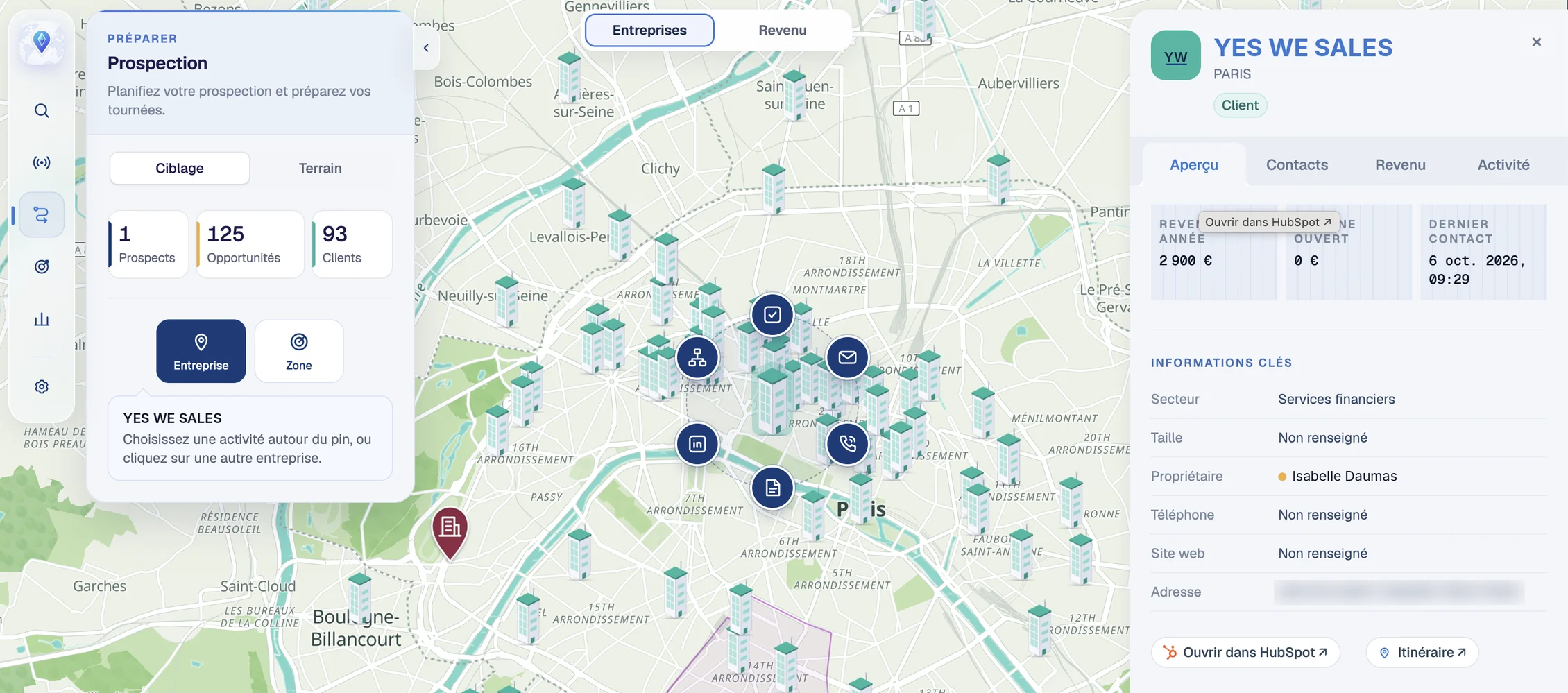 The Maps: CRM companies on a map of Paris, with the Prospecting panel on the left and the Yes We Sales company record on the right.