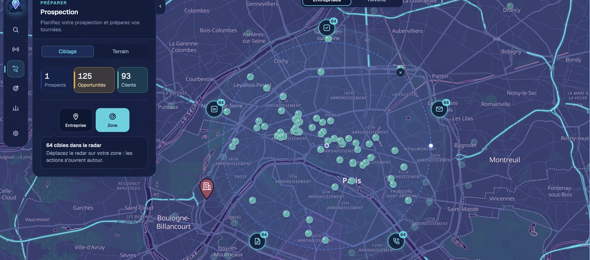 The Maps in dark mode over Paris: the Area radar covers 64 targeted companies, surrounded by the actions to launch on the whole selection (tasks, LinkedIn, emails, notes, calls), with the Prospecting panel on the left.