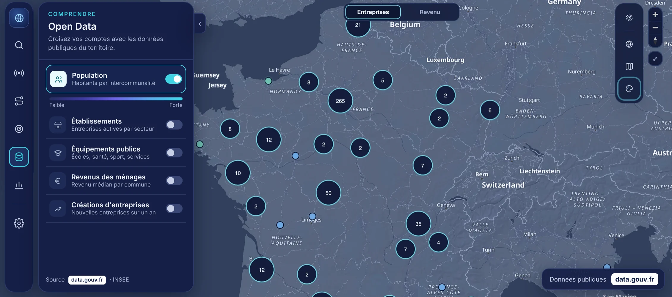 The Maps in dark mode: the Open Data panel (population, establishments, public facilities, household income, business creation, source data.gouv.fr) and your companies grouped on the map of France.