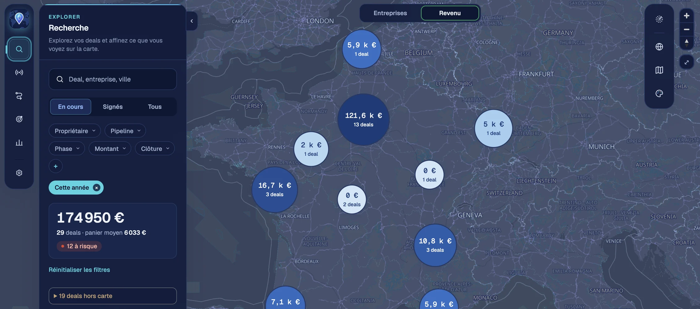 The Maps, Revenue view: open deals grouped by area on a map of France, with the amount and number of deals in each bubble, and on the left the search panel with a total of €174,950 across 29 deals.