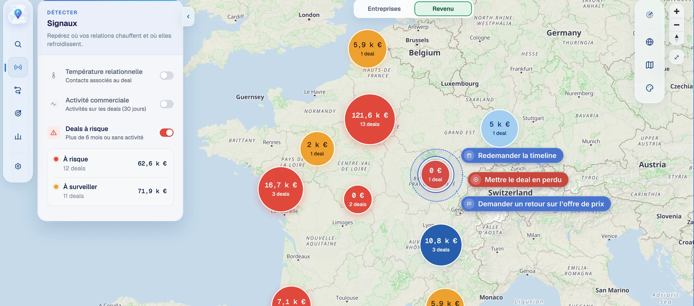 The Maps, Signals module with the Deals at risk filter on: on the map of France, deal bubbles are red when at risk and orange when to watch; on the left, €62.6k at risk across 12 deals and €71.9k to watch across 11 deals. A selected deal offers three actions: ask again for the timeline, mark the deal as lost, ask for feedback on the price offer.