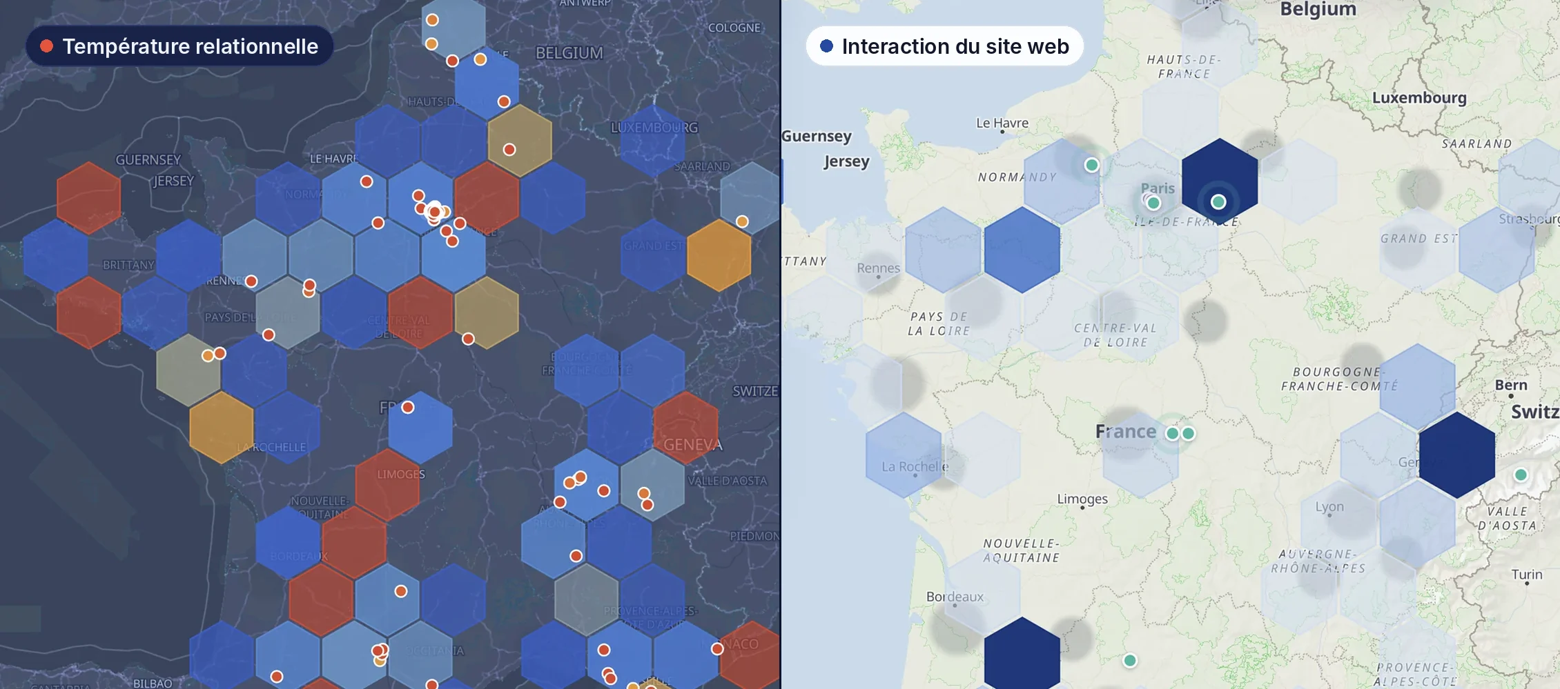 Two views of France in The Maps Signals module: on the left, relationship temperature, from blue (cold relationships) to red (warm relationships), with companies as dots; on the right, website interaction in blue hexagons, darker where visits are recent.